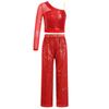 Girls Sparkly Dance Outfit Sheer Mesh Long Sleeve One Shoulder Crop Top