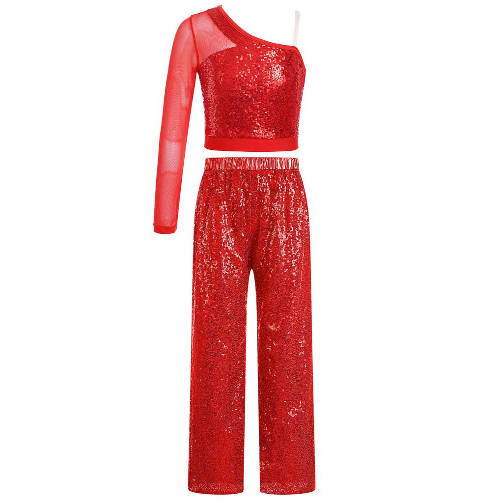 Girls Sparkly Dance Outfit Sheer Mesh Long Sleeve One Shoulder Crop Top