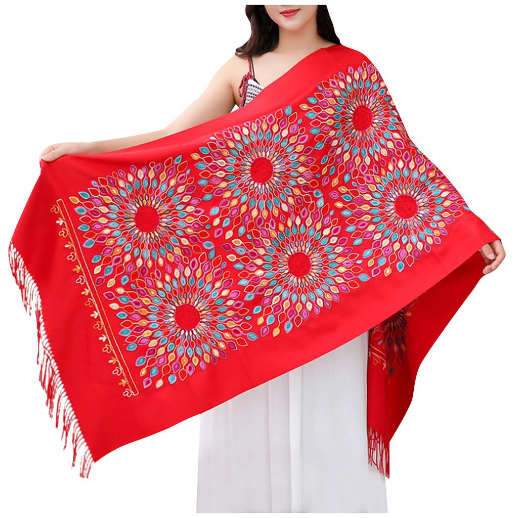 Women Scarf Sun Flower Embroidery Pashmina Cotton Shawls Floral Bandana Scarves