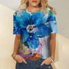 Женский летний топ с круглым вырезом, темпераментный, дышащий, с коротким рукавом, синий, с цветочным узором, свободного кроя, для повседневной носки
