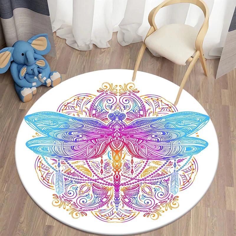 Bohemian Dragonfly Round Carpet Soft Floor Mat For Living Room Sofa Chair Children's Room Non-slip Area Rug Home Decor Doormat