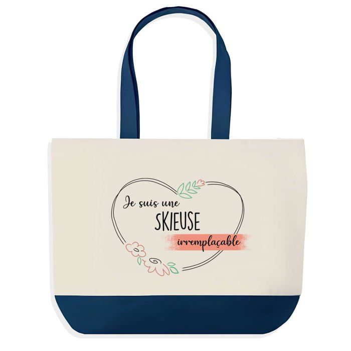 Tote bag - PLANETEE - Skieuse Irremplaçable - Fond bleu - Coton - 40 x 45 cm