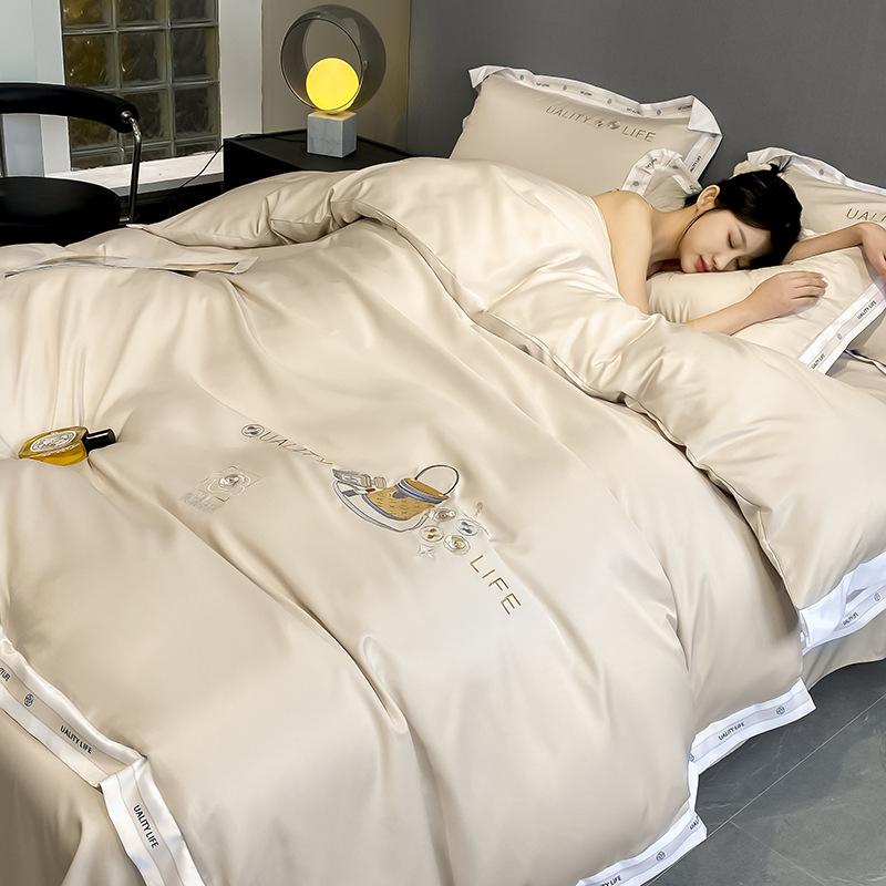 Комплект из четырех предметов из стираного шелка, высококачественное постельное белье из ледяного шелка, вышитое одеяло, покрывало, простыня, комплект из трех предметов