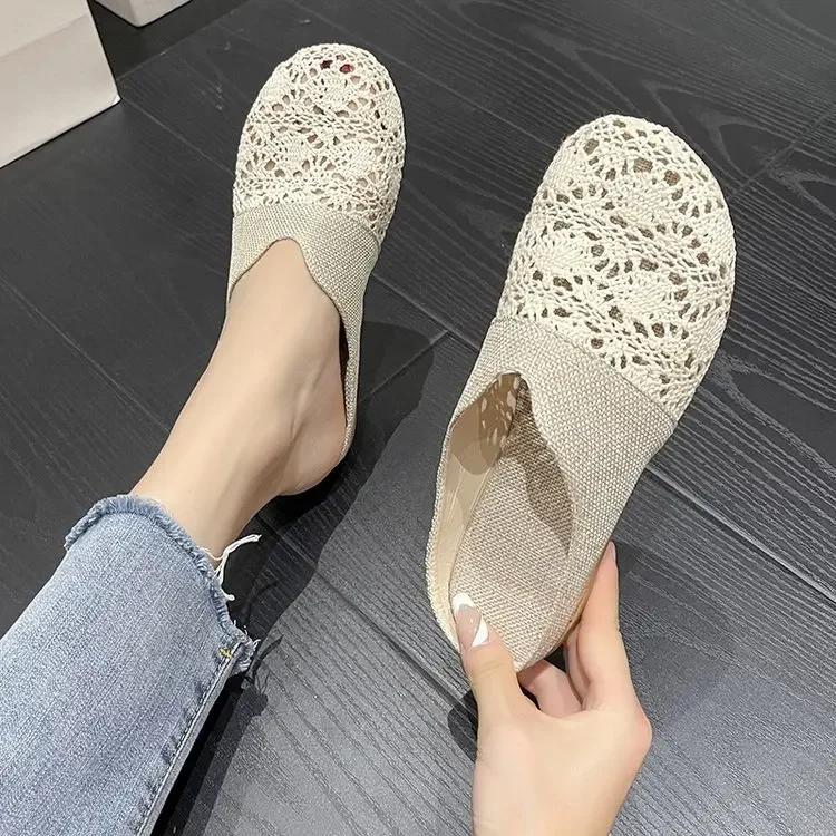 Модные женские внешние полутапочки, полые женские туфли, сетчатые ленивые балетки, летние мюли, удобные женские тапочки, универсальные, Zapatos