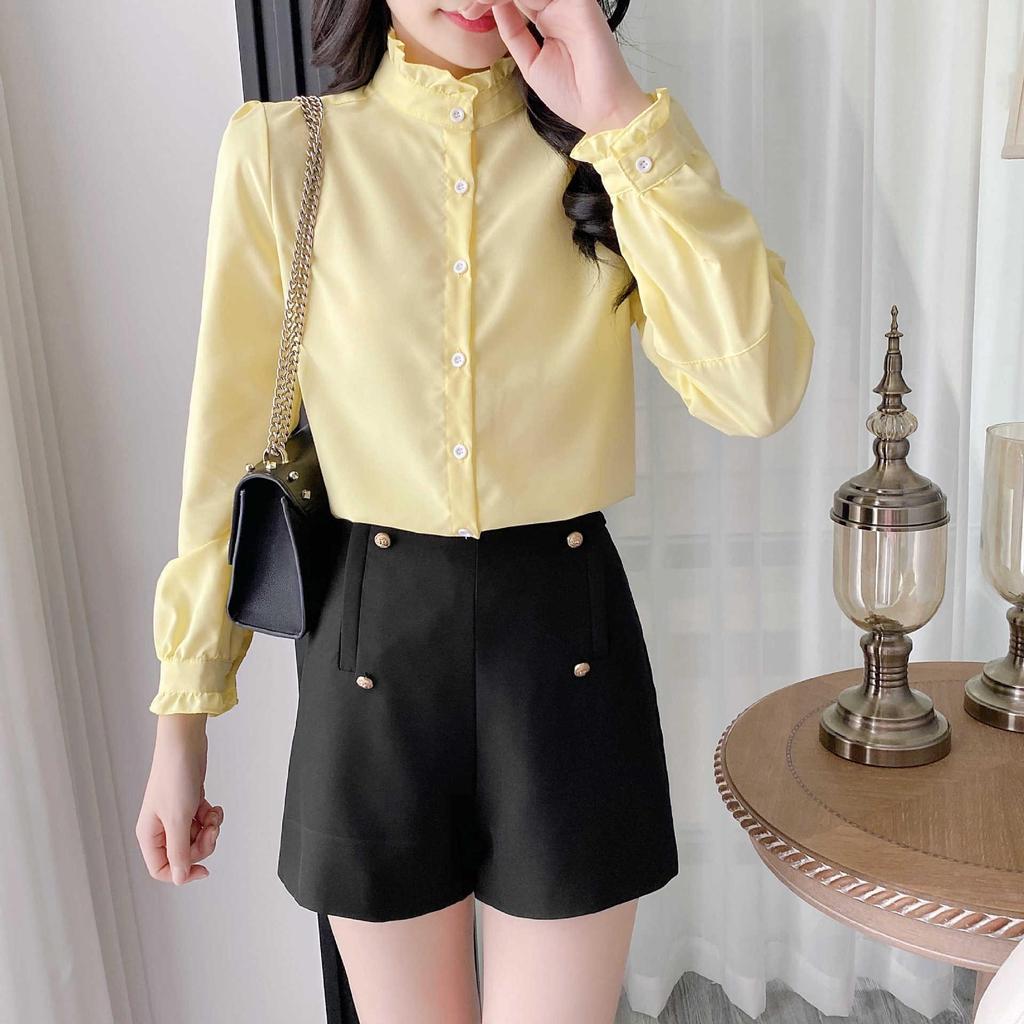 Женская рубашка с французским воротником-стойкой и оборками, с длинными рукавами, 2024