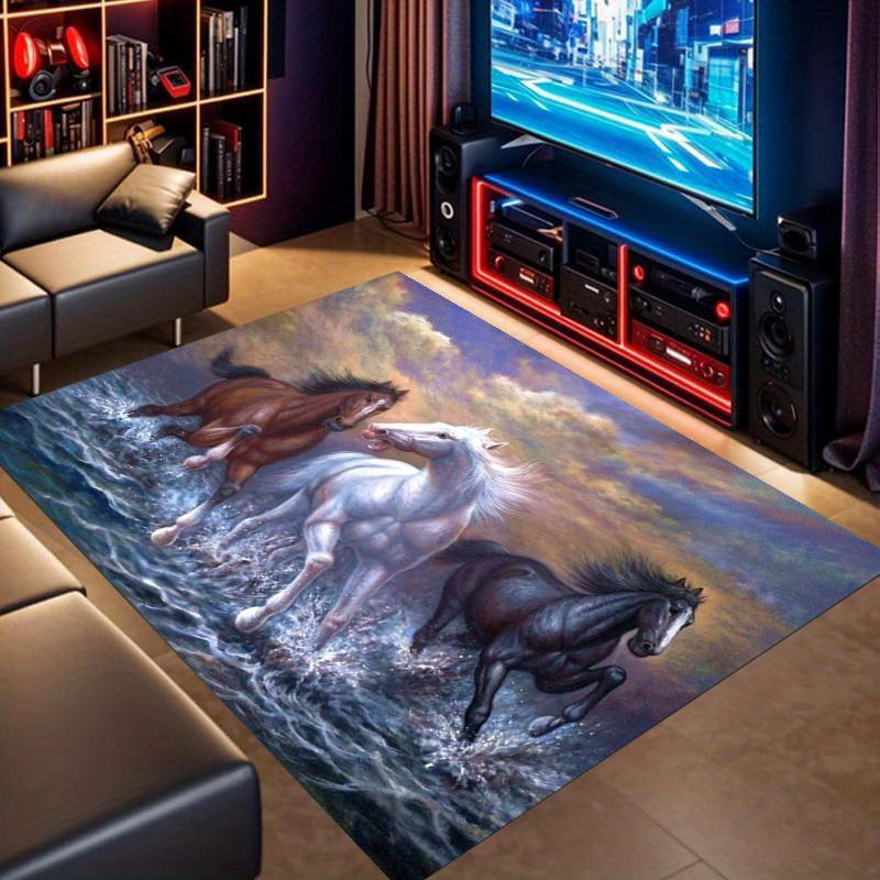 Three Running Horses Sea Wave Oil Painting Print Area Rug Wildlife Non Slip Rectangular Floor Mat Horse Lover Gaming Room Living Bedroom Decor Rug