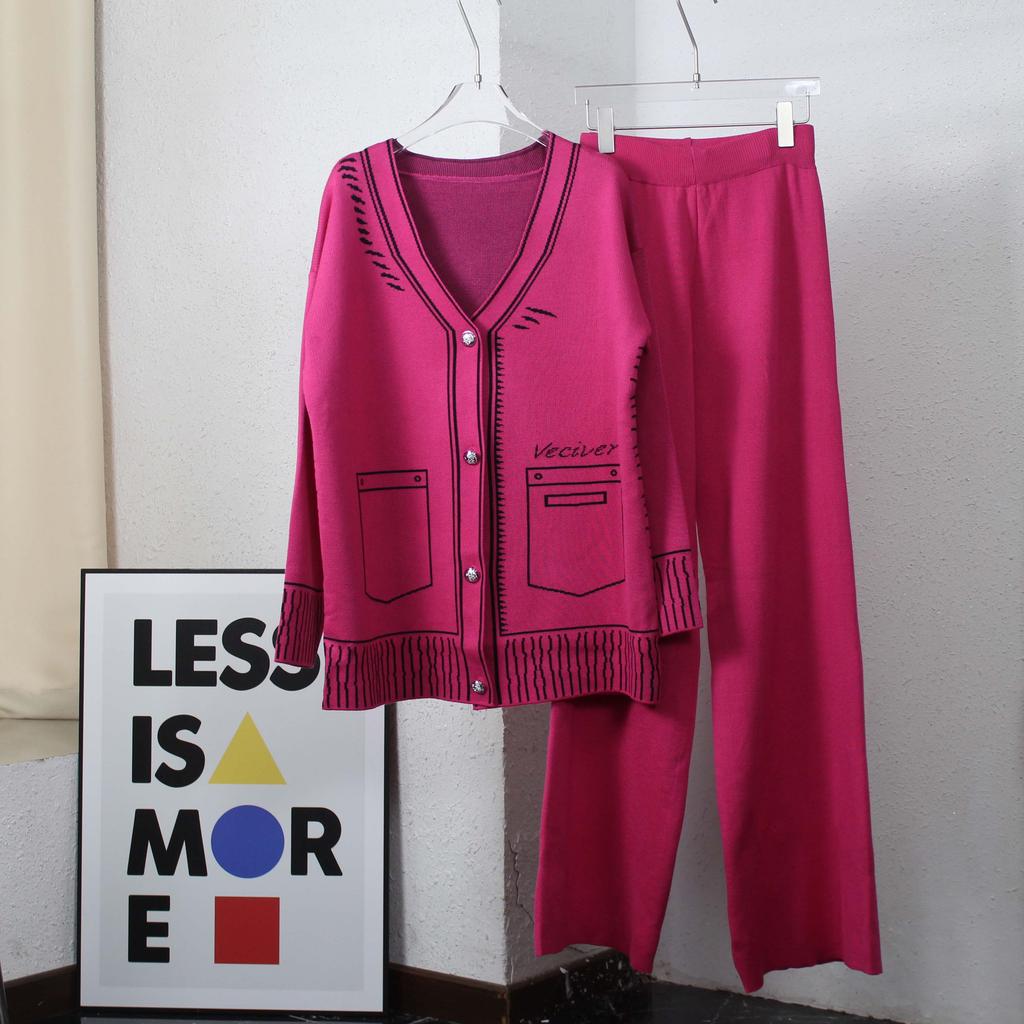 Женский осенне-зимний комплект из двух предметов, трикотажные брюки с принтом, женская уличная одежда, кардиган с длинными рукавами и v-образным вырезом + широкие брюки