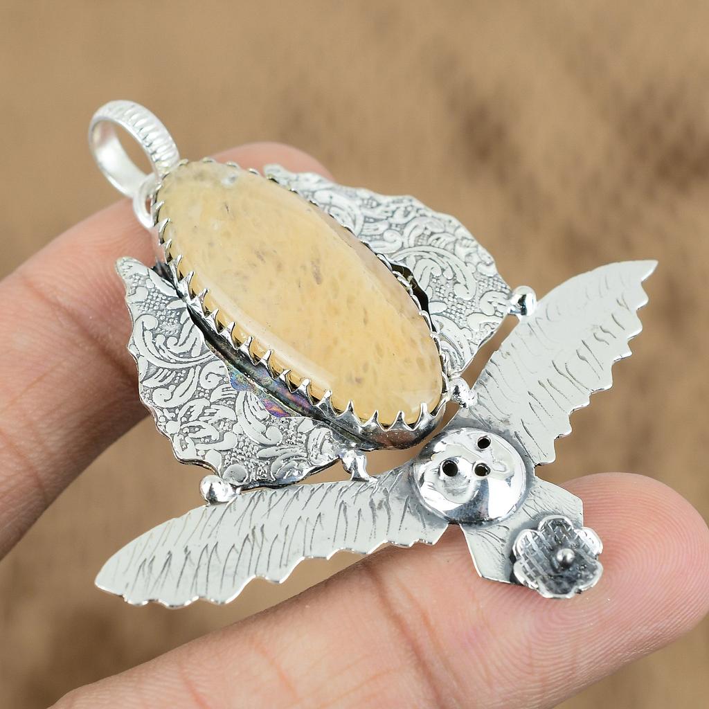 Natural Brown Amazonite Gemstone Pendant Owl 925 Sterling Silver For Women