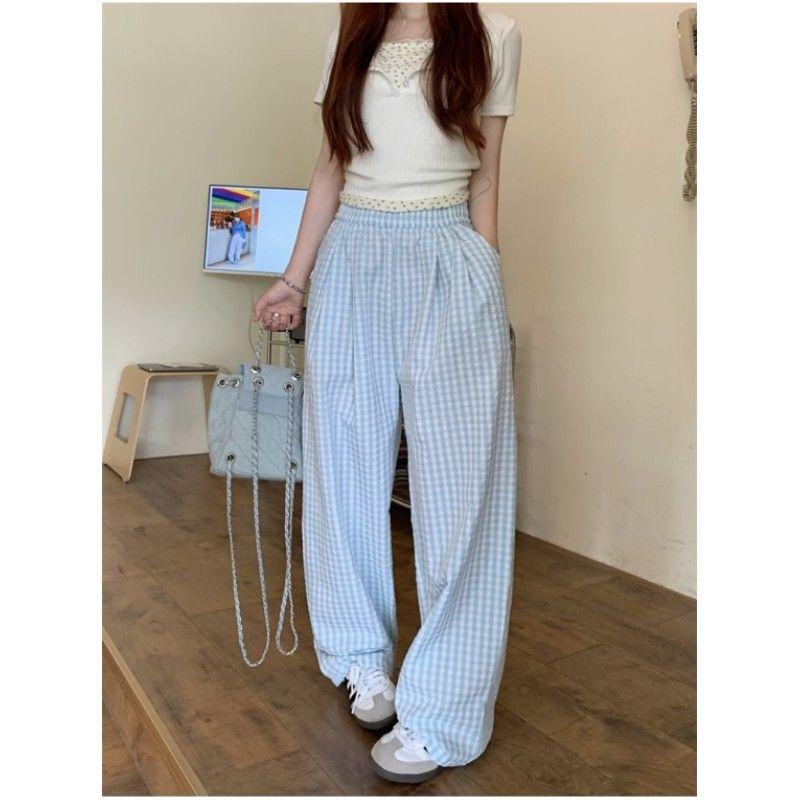 Plaid Contrasting Color Drape Casual Pants Women's Summer New Loose High Waist Straight Long Pants