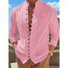 Retro Style Plus Size Solid Color Men's Cotton and Linen Long Sleeve Button Down Shirt with Stand Collar Spring Fall Outdoor