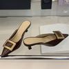 Fashion Metal Buckles Decoration Leather Slippers Women Sexy Pointed Toe Low Heel Slide Sandals Summer Elegant Banquet Dress Muels Shoes