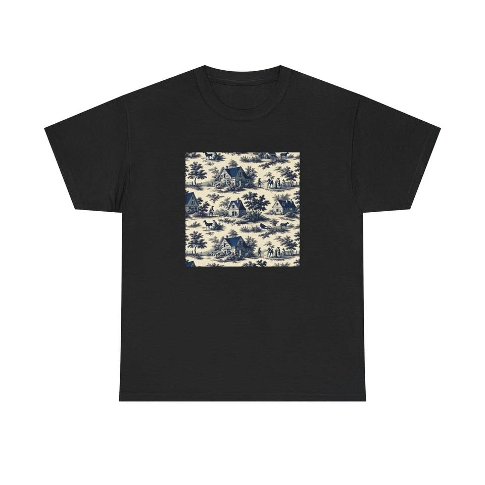 Unisex Adult T Shirt French Toile Countryside Print - Navy/Cream