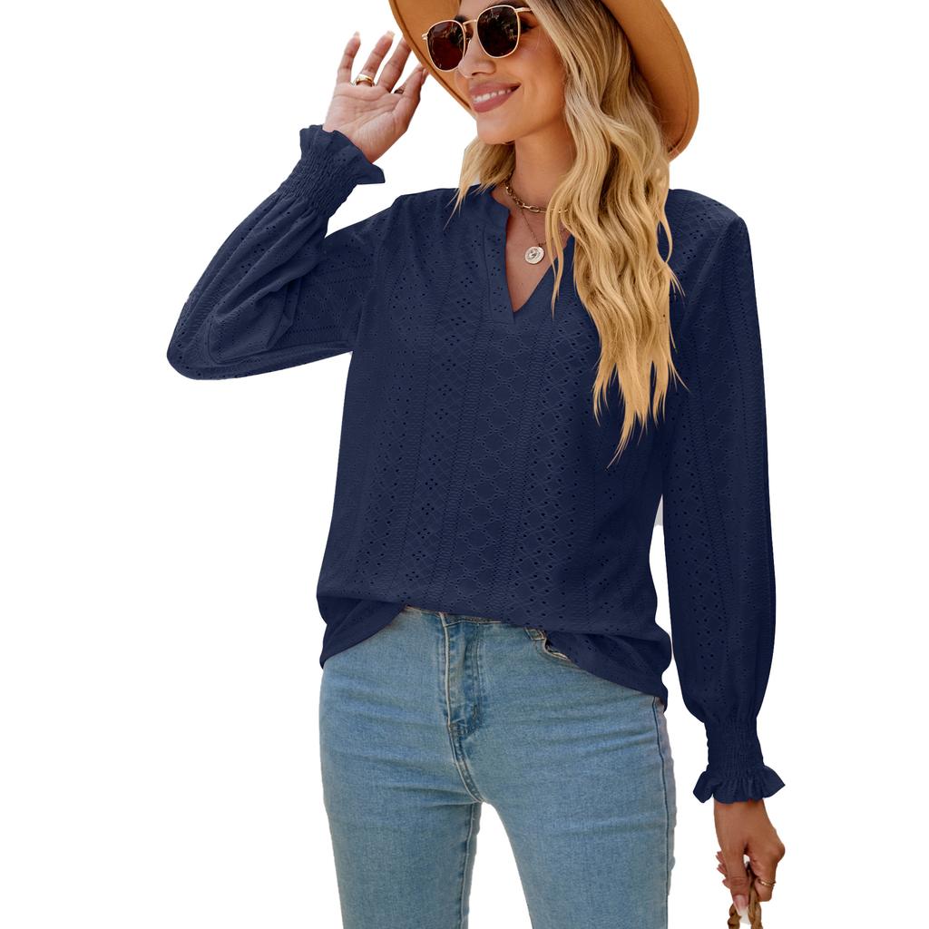 New Ladies Solid Color V-neck Casual Temperament Ladies Top Fashion Ladies Long Sleeves