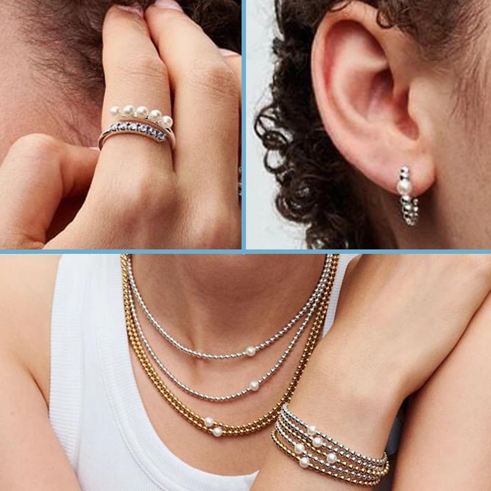 925 Sterling Silver Pearl Shiny Bead Jewelry Set Bracelet Earring Necklace for Women Exquisite Simple Stackable Jewelry Gift