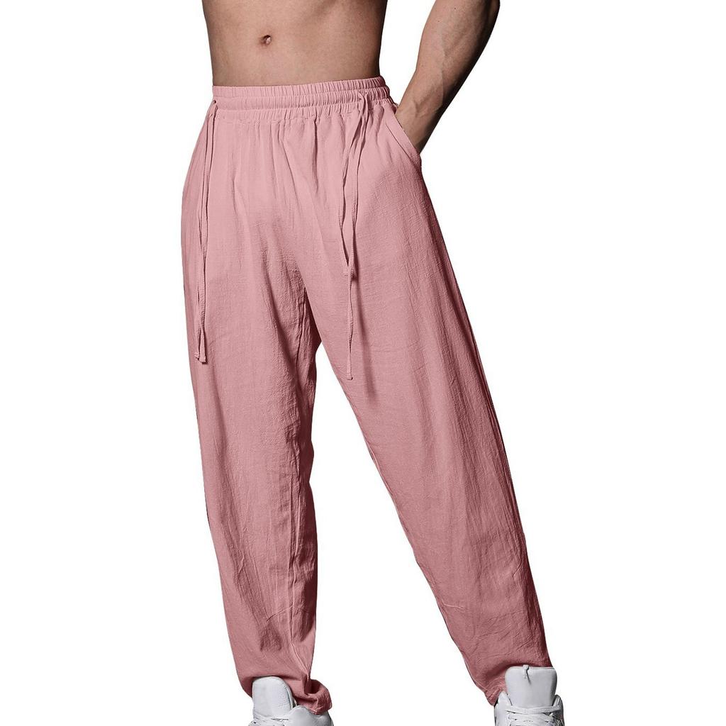 Мужские летние повседневные брюки на шнурке Мужские дышащие брюки из хлопка и льна