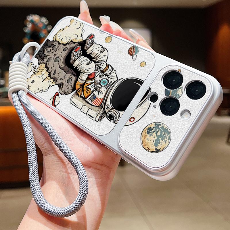Cartoon Astronaut Pattern Leather Lanyard Case For iPhone 18 Pro Max Hybrid TPU+PU Anti-skid Soft Cover For iPhone 17 16 15 14 13 Pro Max