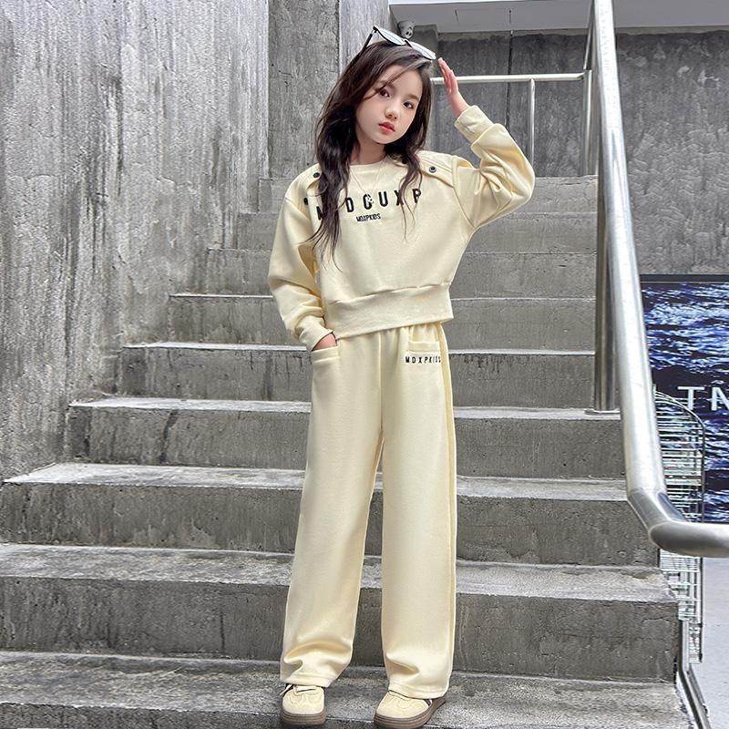 Teenager Gray Girls Sport Suit Winter Spring Clothes Long Sleeve Sweatshirt & Wide Leg Pant Casual 4 8 10 11 12 Years Child