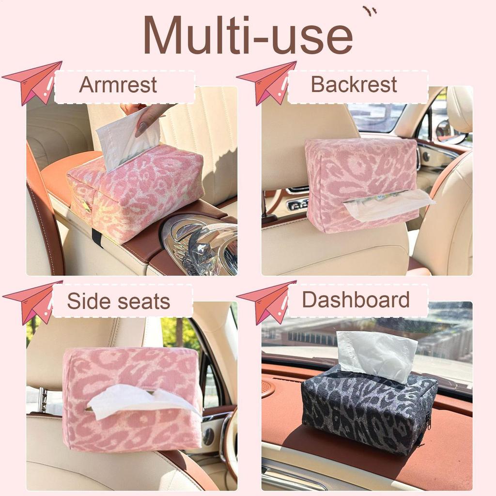 Car Tissue Box Holder Leopard Print Zipper Pouch Tissue Holder In Car Napkin Dispenser For Auto Truck SUV Sedan Backseat