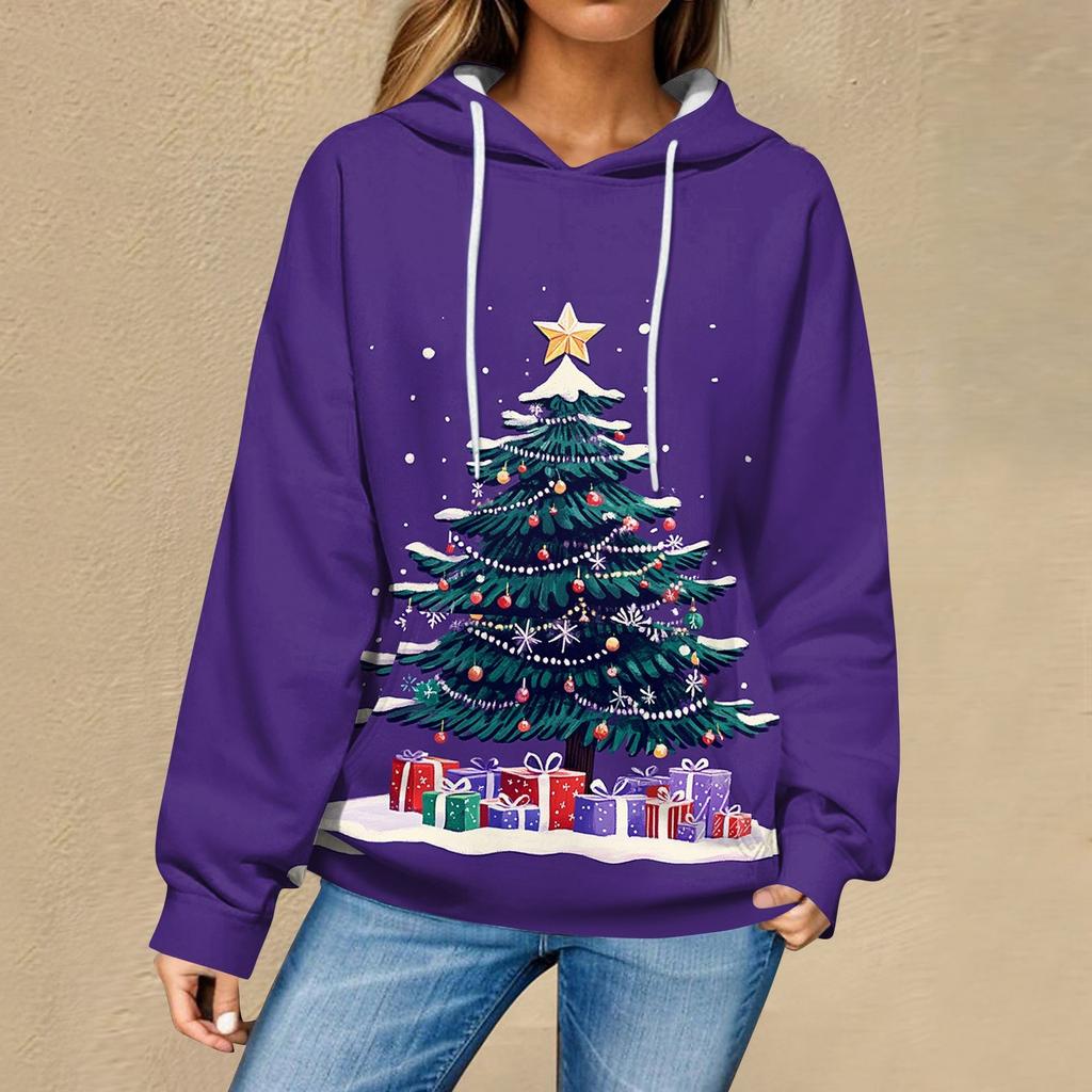 Женская повседневная мода рождественский принт длинный рукав пуловер толстовки с капюшоном свитшоты