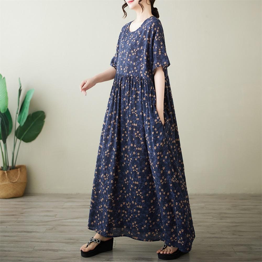 Короткий рукав Плюс размер Хлопок винтажный цветочный новый в платьях для женщин повседневное свободное макси длинное летнее платье