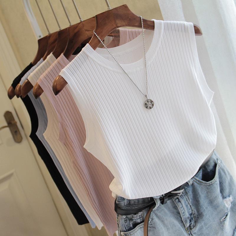 New Fashion Summer Women Tops Blouse Slim Silk Sleeveless Women Tee Shirt Ice Plus Size White T-Shirt Woman Fashion New