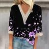 Женская модная футболка с V-образным вырезом и кружевным винтажным цветочным принтом, повседневный топ с семью рукавами