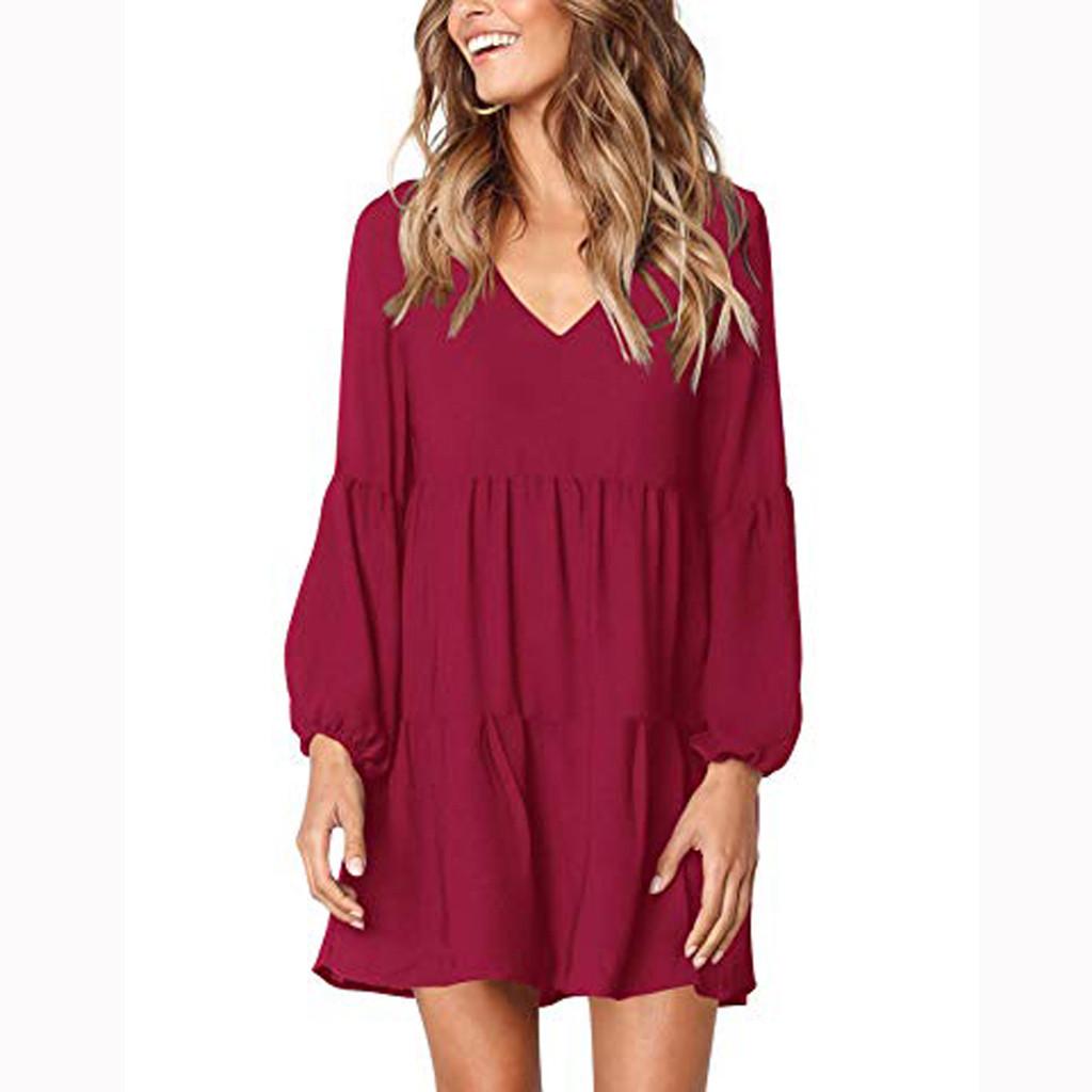 Fashion Women Solid Long Sleeve V-Neck Draped Flowy Swing Dress