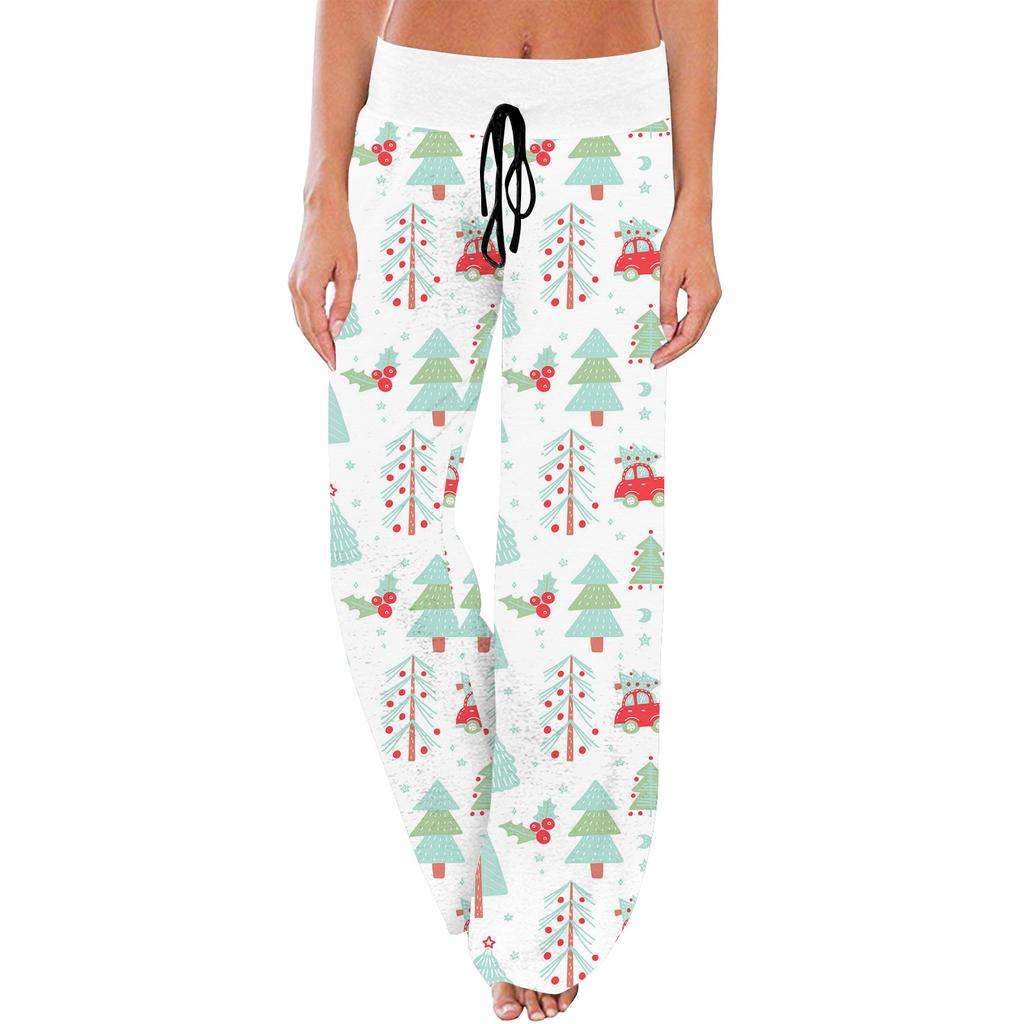 Women's Comfortable Pajama Pants Christmas Print Drawstring Wide Leg Pants