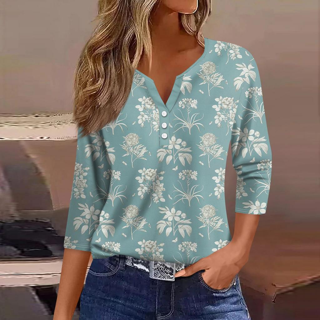 3/4 Length Sleeve Womens Tops Floral Print Vintage Fashion Casual Loose With V Neck Plus Size Shirts