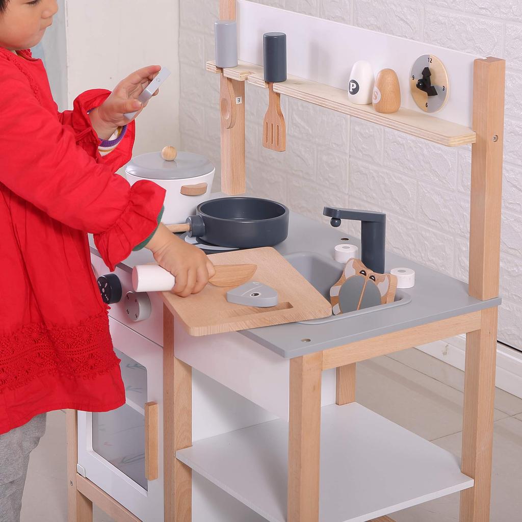 OSJ Play House Kitchen Wooden Kitchen with Cooking Utensils Ingredients Stove Mini Kitchen Toy Kitchen Birthday Seasoning Ingredients Educational Toy