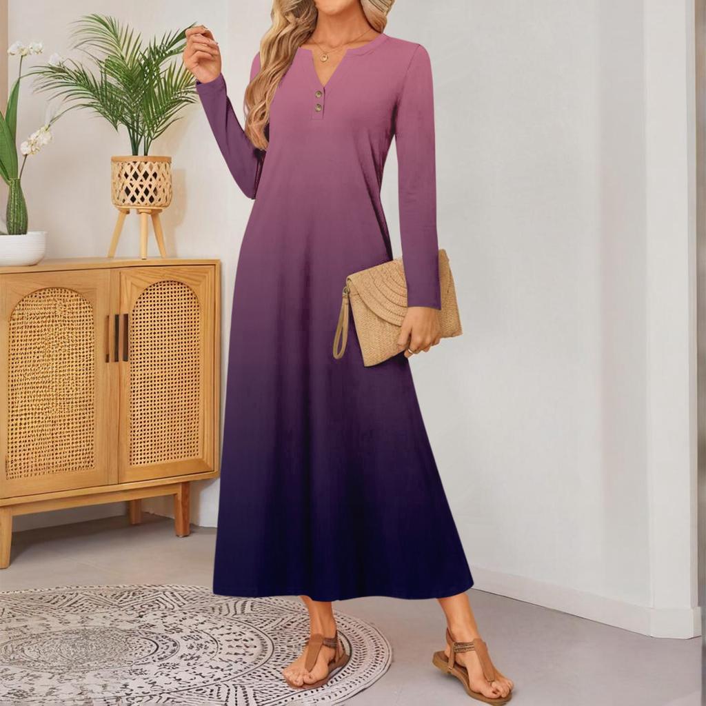 Women Gradient Print Long-sleeved Comfortable Loose Dress Elegant Dress