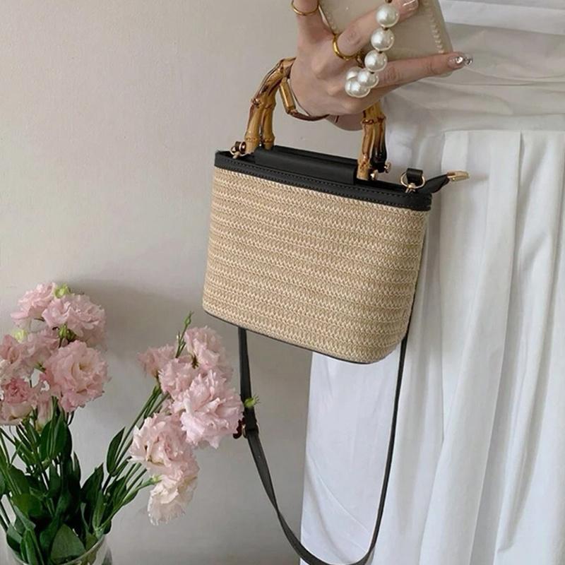 Yogodlns Плетеная сумка, летняя, новая, соломенная сумка с бамбуковой ручкой, простая, через плечо, сумка-ведро, женская сумка