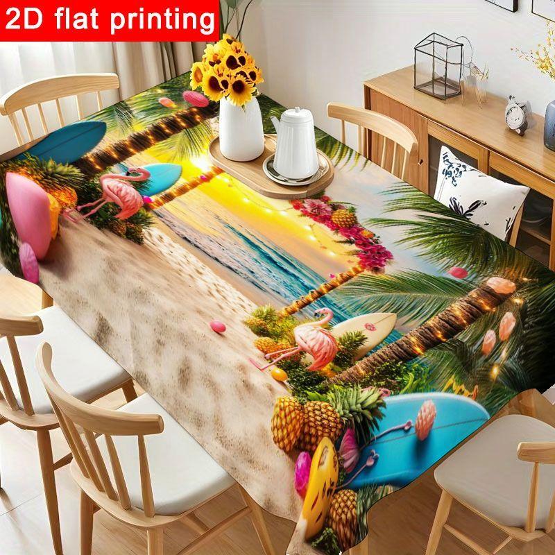 1pc Tropical Sunset Tablecloth - Vibrant Beach Scene with Palm Trees and Flamingo Design, Reusable & Easy to Clean for Birthday Parties, Holiday Gathe
