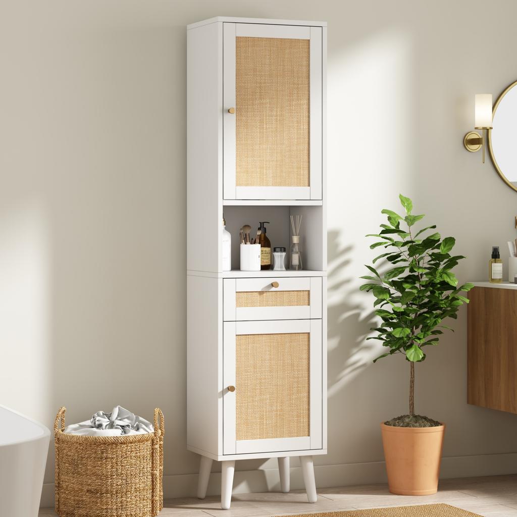 Tall Freestanding Bathroom Cabinet, Rattan Doors, Reversible Left-Right, Drawer, Magnetic Closure, Soft-Close Hinges, 40×30×166 cm, White