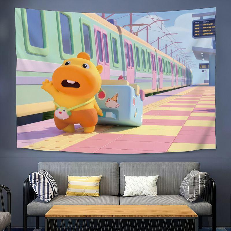 Cute Yellow Dragon CAPYLULU Wall Tapestry Cartoon Character Orange On Head Heart Music Note Kawaii Kids Room Home Decor