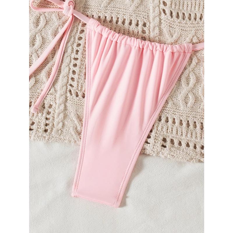 Pink 3D Flower Two Piece Swimsuit Sexy Halter Bandage Push Up Tie Side Thong Bikini 2025 Summer Bathing Suit Vacation Swimwear