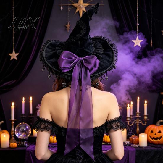 Black Lace Witch Hat Gothic for Women, Dark Lolita Style Halloween Costume Accessory, Lightweight with & Bow, Adjustable Headwear Cosplay Parties