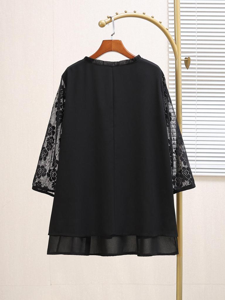 Plus Size Women's Chiffon Blouse - Seven-Sleeve, Hollow Out, Slimming Autumn Fashion Top, Style 25065T