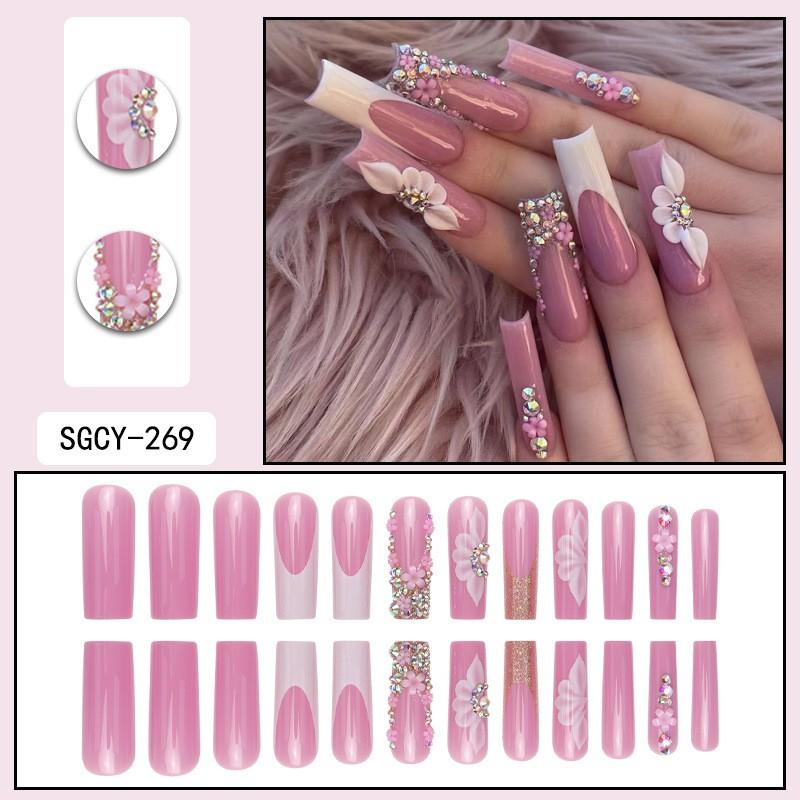 Long Press-On Nail Tips Women - Removable Acrylic Art Set Sweet Style Gel Glue Jelly Adhesive Options