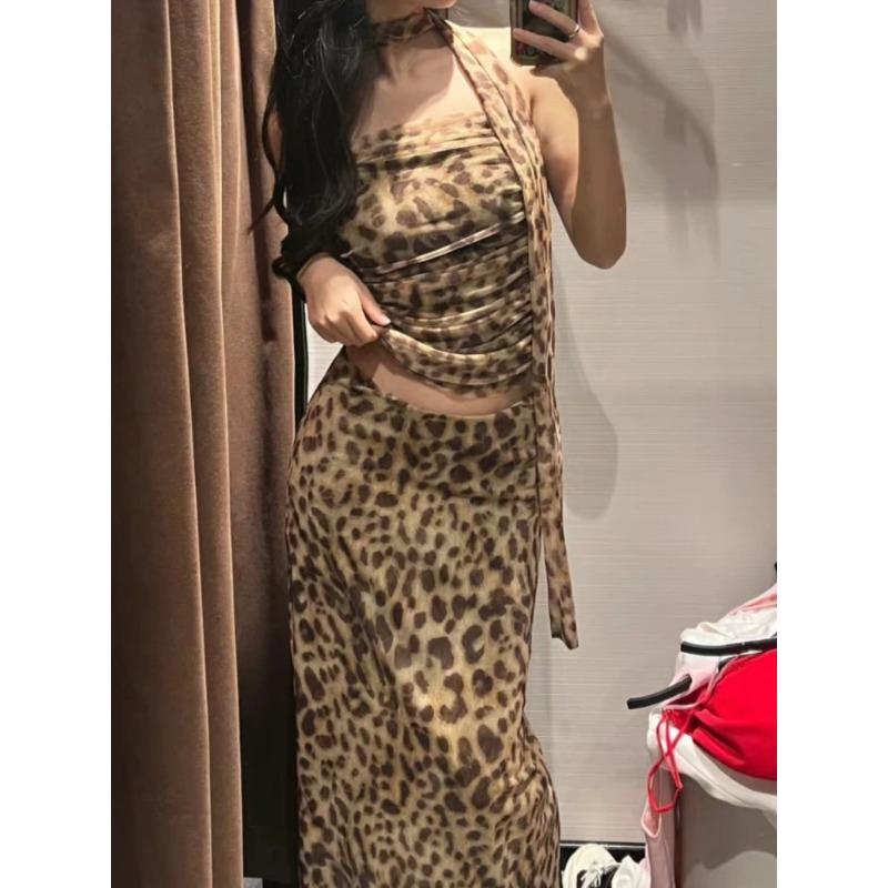 Leopard Printed Midi Skirt Sets For Women 2 Pieces 2024 New Fashion Corsets Top Women's Suit Two Piece Set Women Outfit