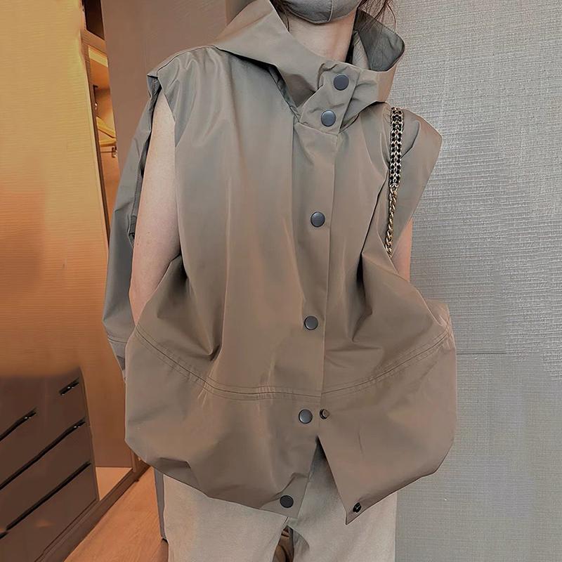 Модный женский жилет с капюшоном, винтажные свободные куртки без рукавов, женская осенняя уличная одежда, повседневный женский жилет 2023