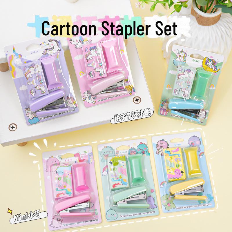 Candy Color Mini Stapler & Highlighter Set: Creative Cartoon Unicorn & Dinosaur Design