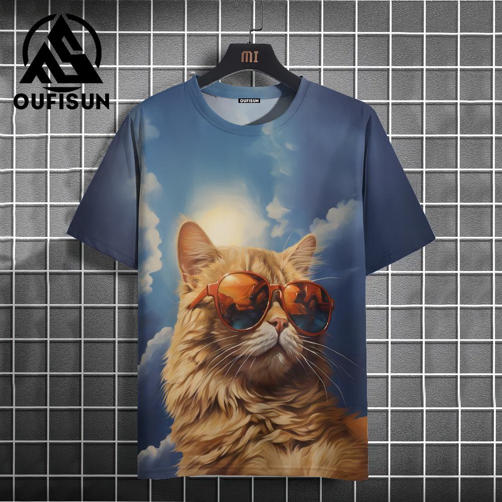 Funny T-shirt Cartoon Cat Pattern Men's T-shirt, 3D Printing Casual Pullover