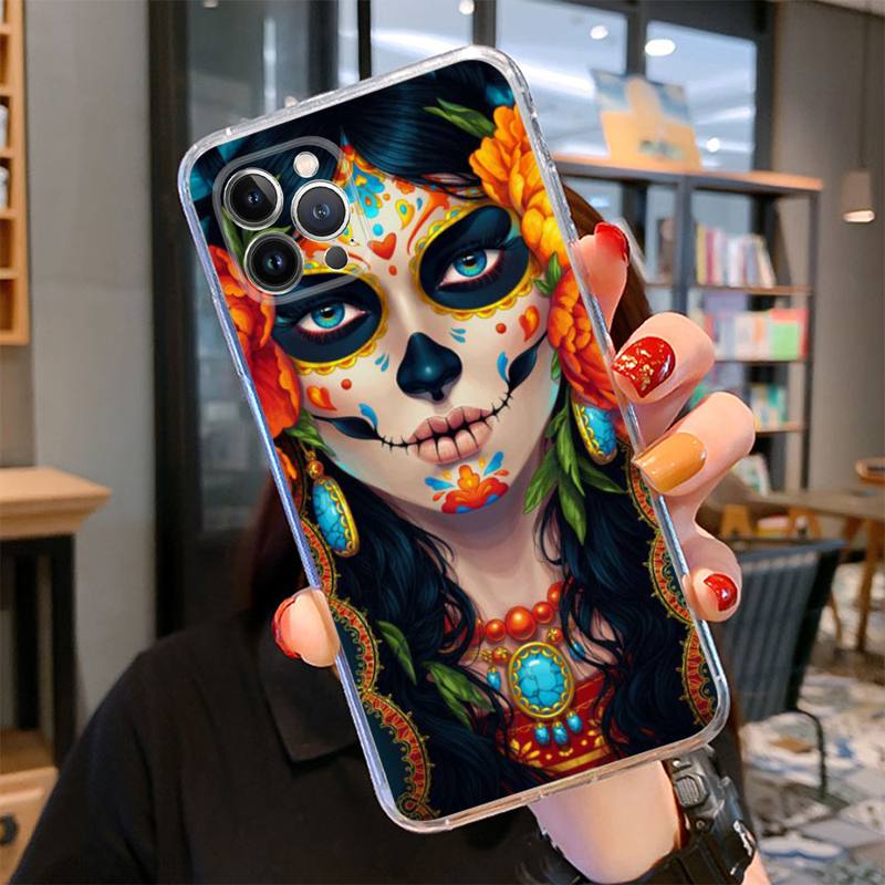 Catrina Beautiful Rose Girl Skull Phone Case For iPhone 14 13 12 11 Pro Max XS X XR SE 2020 6 7 8 Plus Mini Transparent Shell