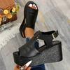 Large Size Wedge Heel One-word Buckle Sandals Women's Spring European and American Fashion Platform Sandals Comfortable and Breathable