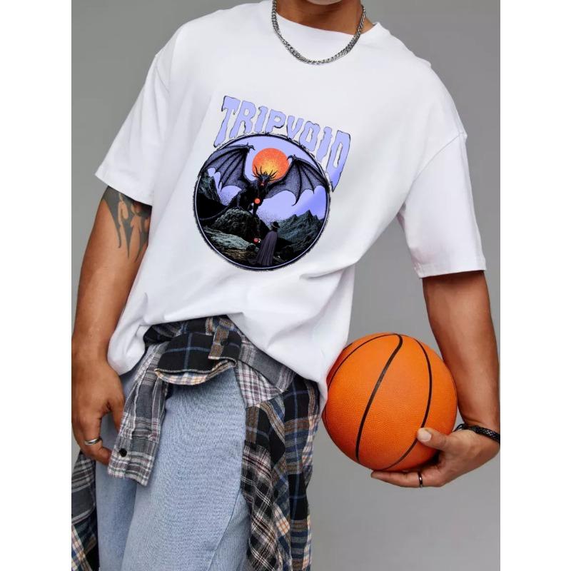 Белая футболка с графикой дракона Tripvoid и горным пейзажем на закате для повседневной носки