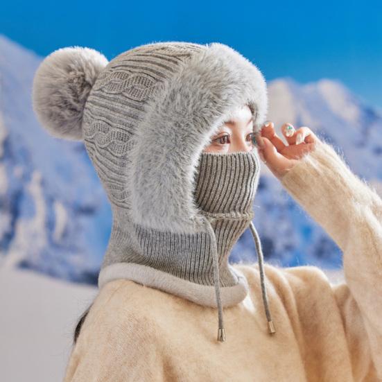 Вязаная шапка женская ветрозащитная утепленная зимняя шапка с плюшевым помпоном 3-в-1 утолщенная шапка защита лица шарф