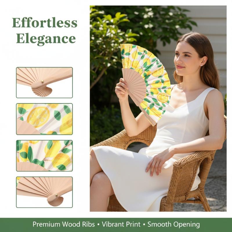 Lemon Print Folding Hand Fan-Bamboo Fabric Fruit Pattern Handheld Fan for Summer Cooling Wedding Party & Dance Performance Decor