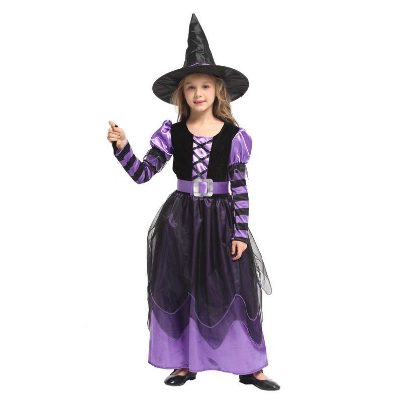 Изысканный детский костюм ведьмы на Хэллоуин из шелковистой ткани с замысловатыми деталями