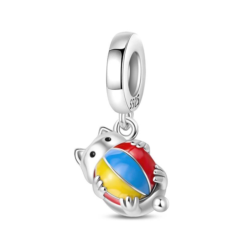 Colorful Cat Playing Ball Safety Chain Lamb Bead Moon Pet Dangle Charm Fits Original Bracelet & Necklace Zircon Gift